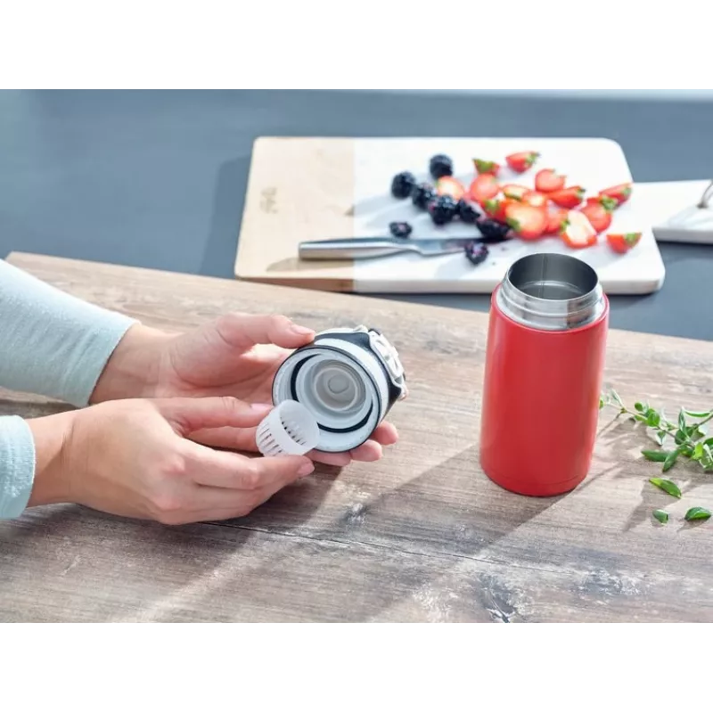 Travel mug Leifheit 03245 nerūsējošais tērauds 350 ml, dubultsienu, hermētisks, paceļams vāks, melns/sarkans