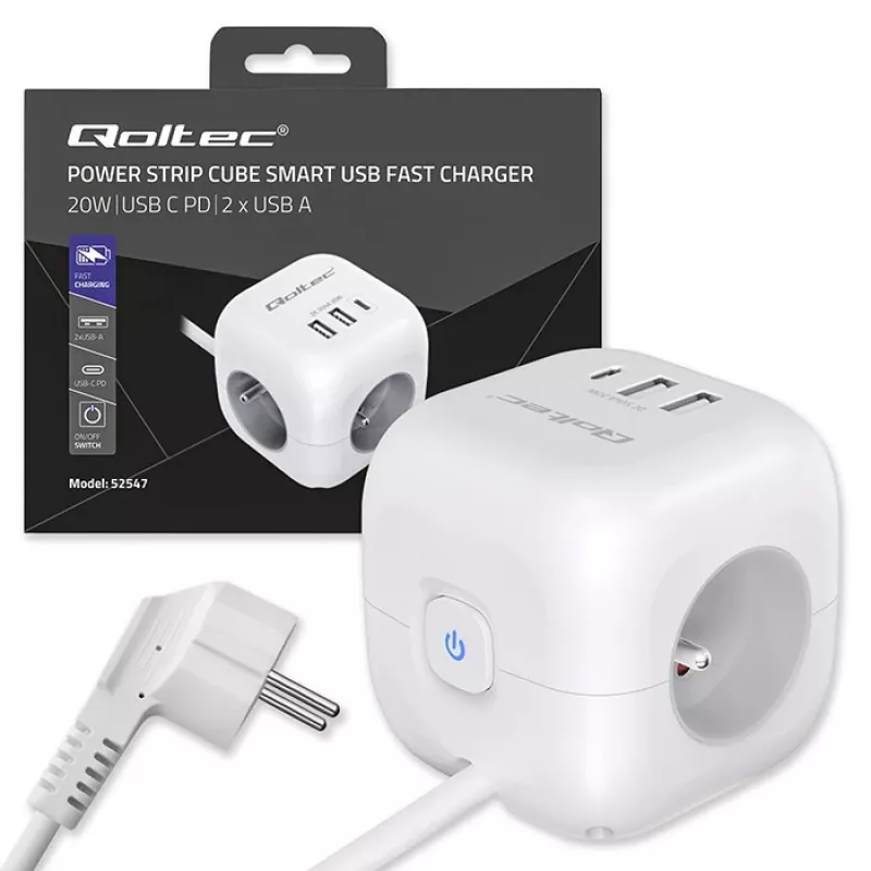 Power Cube QOLTEC 52547 strāvas sadalītājs 3× maiņstrāvas kontaktligzdas, 2× USB-A, 1× USB-C PD 20W