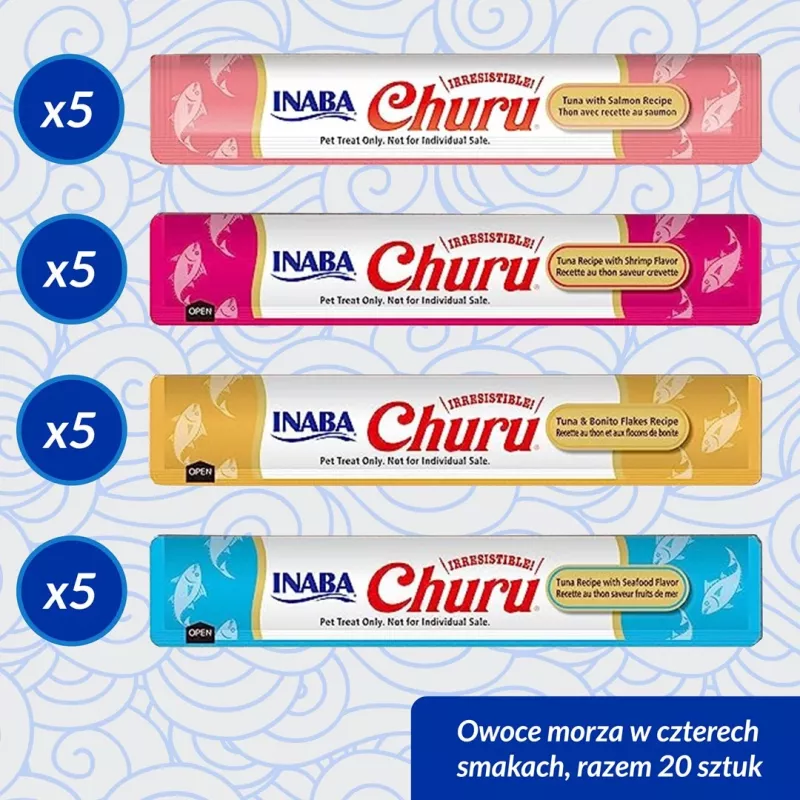 Mitrie kaķu gardumi INABA Churu Variety Box Seafood — 20 x 14 g tūbiņas, zivju pasta, bez graudiem, bez cukura un bez lipekļa