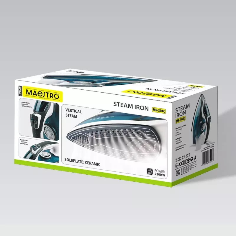 Tvaika gludeklis Maestro MR-304C, 2200 W, balts/zils — tvaika gludeklis mājas lietošanai