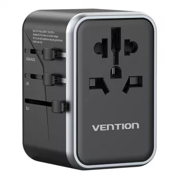 Vention ceļojumu barošanas adapteris FJFB0 65W — 2× USB-C PD/PPS, 2× USB-A (QC/BC), HDMI izeja, alumīnijs/melns