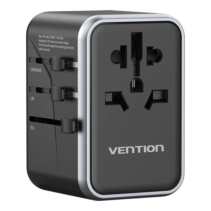 Vention ceļojumu barošanas adapteris FJFB0 65W — 2× USB-C PD/PPS, 2× USB-A (QC/BC), HDMI izeja, alumīnijs/melns