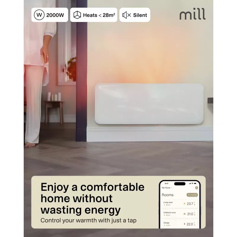 Mill Invisible Smart WiFi sildītājs | PA2000WIFI4 | Panelu sildītājs | 2000 W | Piemērots telpām līdz 24-28 m² | Balts | IPX4