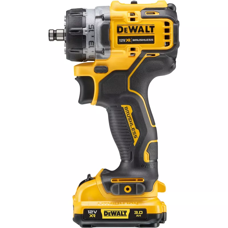 Pistolveida urbis DeWalt DCD703L2T-QW — 12V, 3.0Ah x2, 1500 RPM, 10 mm bezatslēgas patrona, 25.5 N·m, 0.9 kg