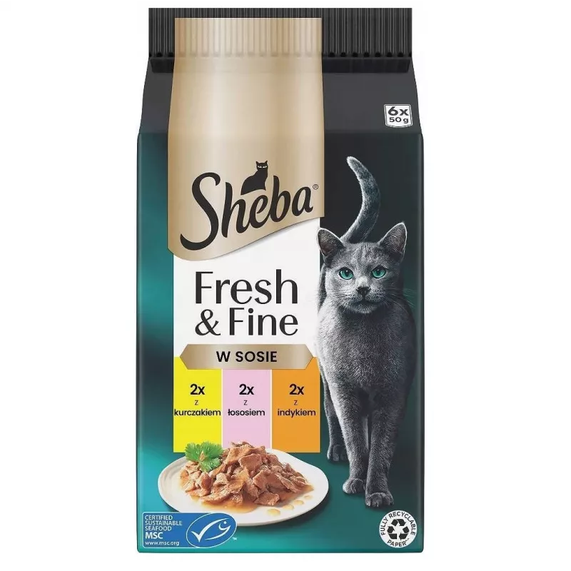 Mitrā kaķu barība Sheba Mini Fish Dishes in Sauce Fresh & Fine 6 x 50 g – mitrā barība, 6x50 g paciņas, 84% mitrums, 7,9% olbaltumvielas