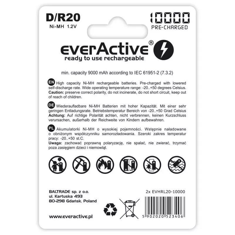 Uzlādējama baterija everActive EVHRL20-10000 D NiMH 1,2 V 2 gab.