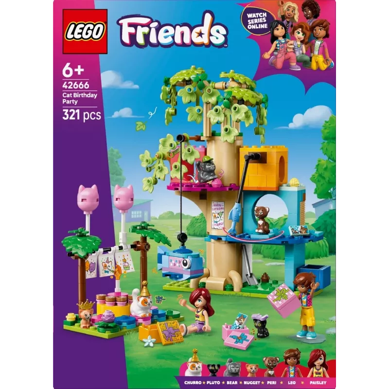 Konstruktora rotaļlieta LEGO Friends 42666 Kaķa dzimšanas dienas ballītes koka mājas komplekts, 321 gab., 6+ gadi, 180×160×100 mm