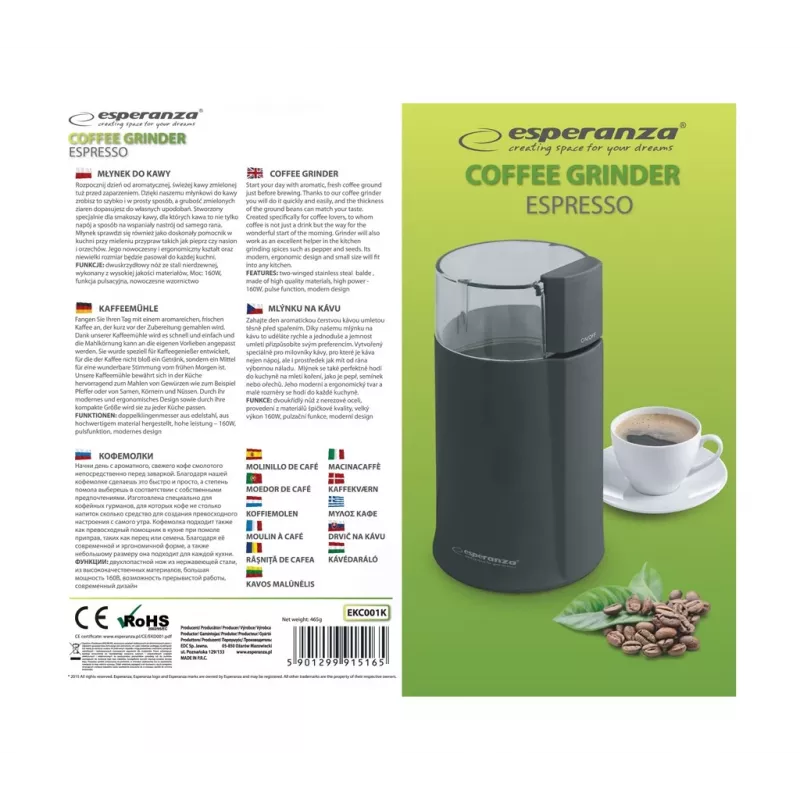 Esperanza EKC001K kafijas dzirnaviņas melnas 160 W