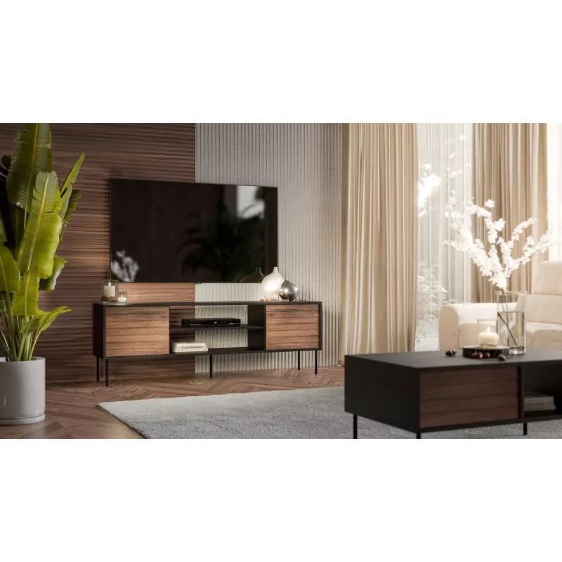 TV cabinet cama meble EF CORTINA 180×40×60 cm, top Melns, frame walnut