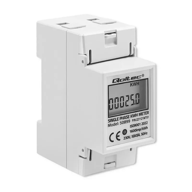 Vienfāzes enerģijas patēriņa skaitītājs QOLTEC 50899 230 V 50 Hz, 5(60)A, 1.0 klase, LCD
