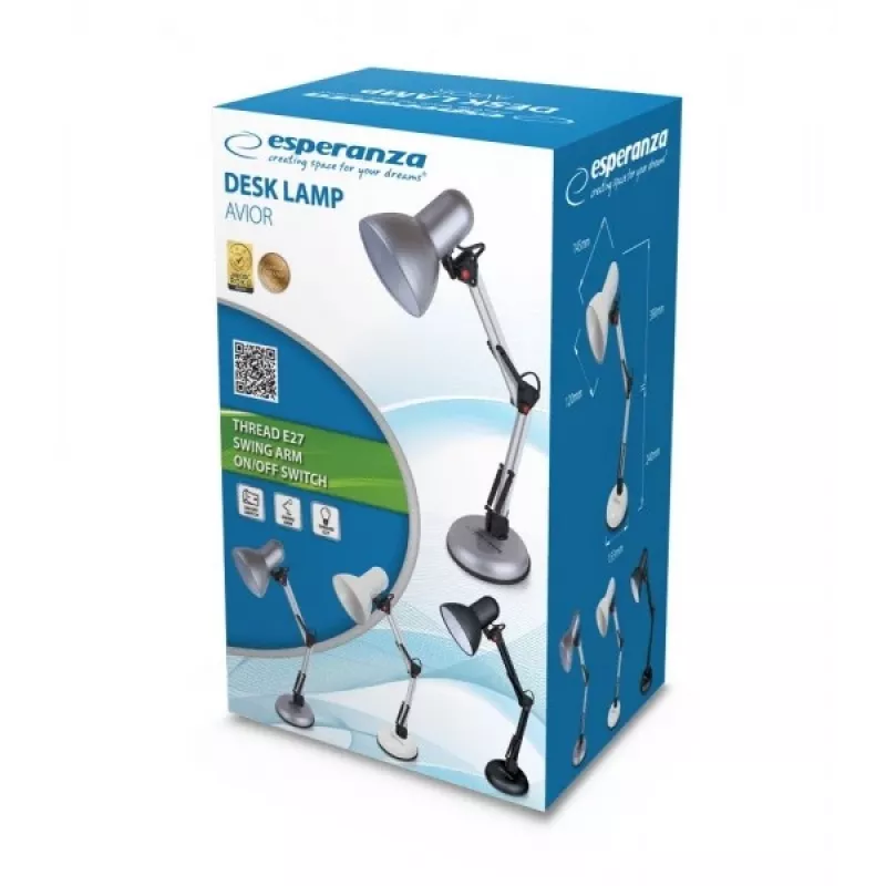 Galda lampa ESPERANZA AVIOR E27 12W LED, melna, regulējams augstums, elastīga svira, E27 ligzda