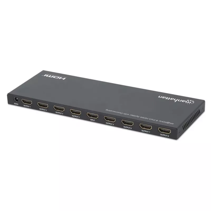 Manhattan 4K@60Hz 8 portu HDMI sadalītājs ar pazeminātu izšķirtspēju, sadala vienu HDMI ieeju astoņās HDMI izejās (1x8), 18G, EDID pārslēgs izšķirtspējas pazemināšanai, melns