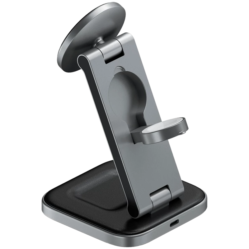 SATECHI 3-in-1 salokāms Qi2 bezvadu uzlādes statīvs (Space Gray) ar A, C, G tipa spraudņiem