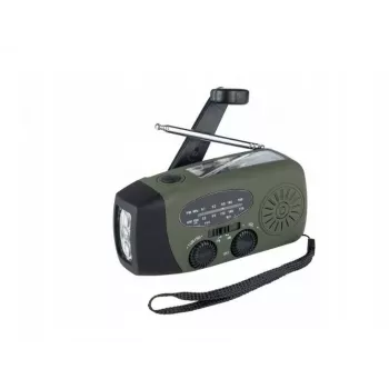 Avārijas radio FOSCO 464600 ar LED lukturīti, ārējo akumulatoru, FM, IPX3, saules/manuālo/USB-C uzlādi — zaļš/melns