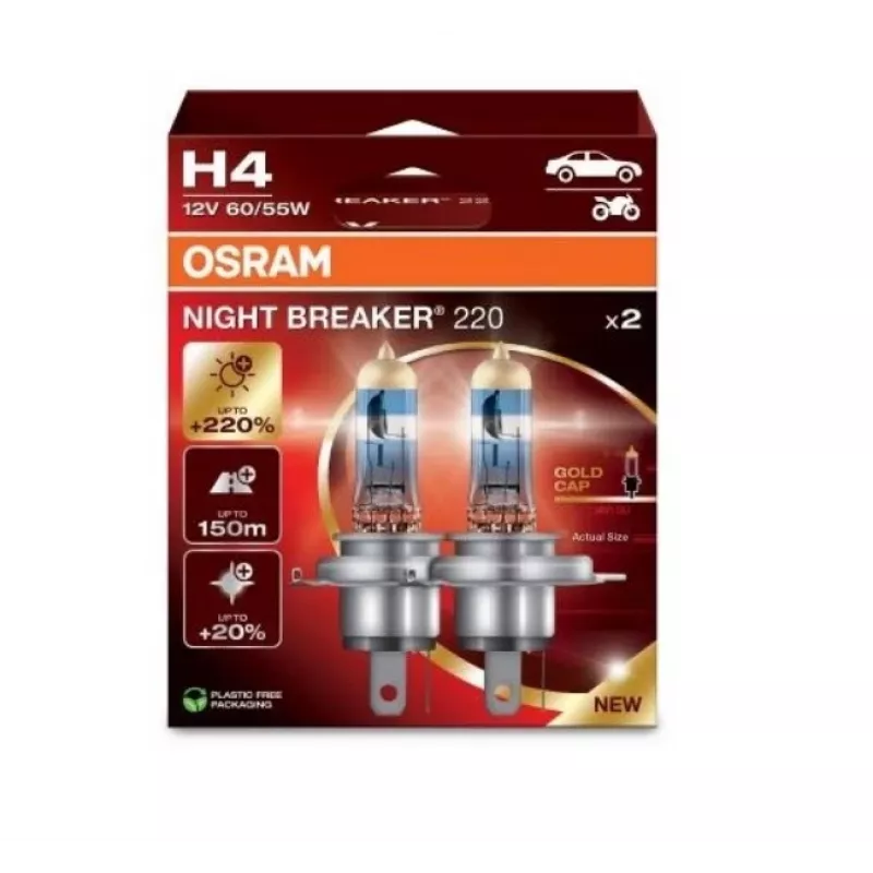Halogēna priekšējā luktura spuldze Osram NIGHT BREAKER 220 H4 — dubultiepakojums, 12V 60/55W