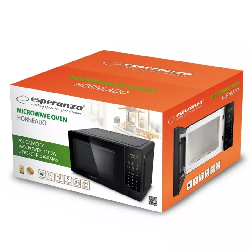 Solo mikroviļņu krāsns ESPERANZA EKO009 — 700 W, 20 L, LED displejs, skārienvadība, 24,5 cm stikla grozāmais šķīvis, melna