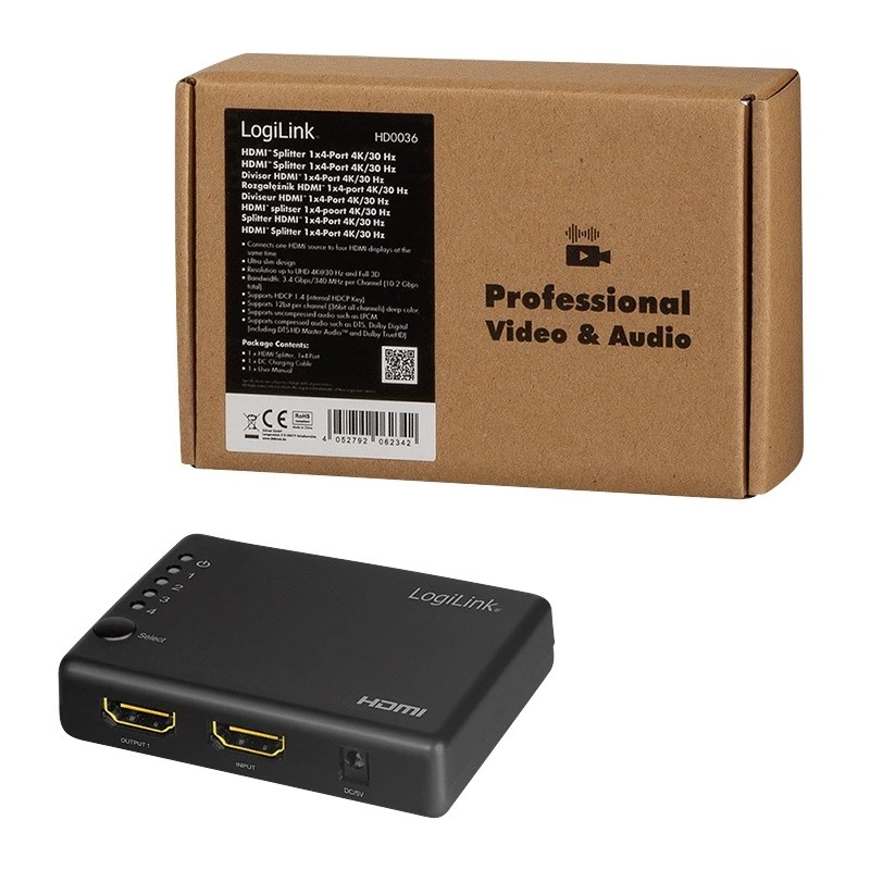 HDMI sadalītājs 1x4 porti, 4K/30Hz