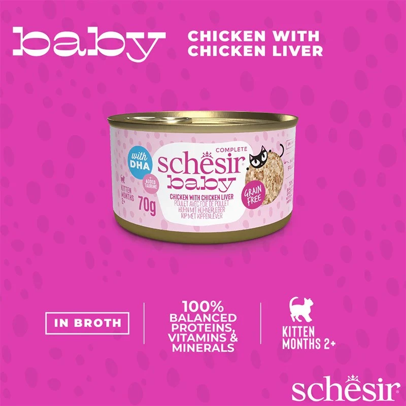 Slapjā kaķu barība Agras Pet Foods Schesir Baby in Brühe 70 g — vista, bez graudiem, junior kaķiem