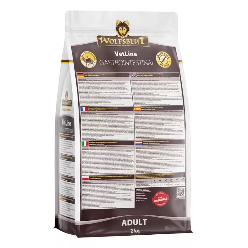 Sausā suņu barība Wolfsblut VetLine Gastrointestinal Duck 2 kg — veterinārā diēta gremošanas atbalstam, 20% olbaltumvielu, 10% tauku