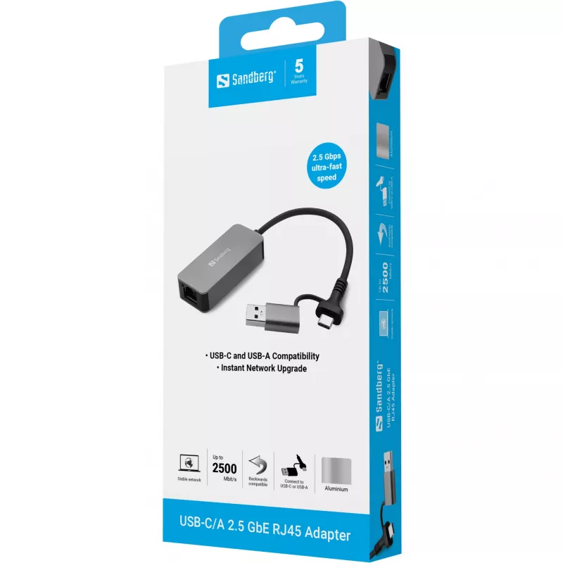 USB-C/A adapteris SANDBERG 136-68 ar 2,5 GbE RJ45 Ethernet portu