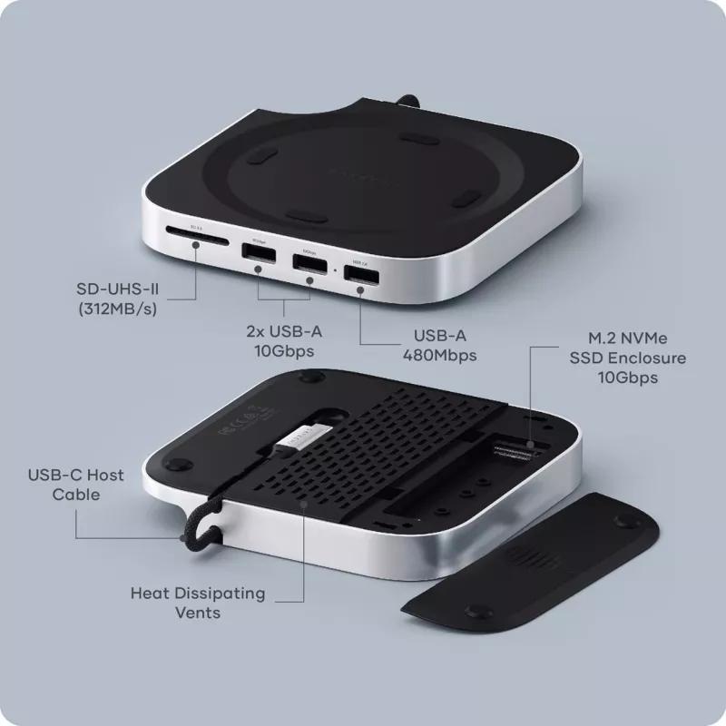 Satechi klēpjdatora dokstacija/portu replikators ST-GNMMES — vadu USB 3.2 Gen 2 Type-C centrmezgls, USB-A un SD, Sudraba