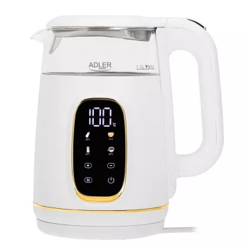 Elektriskā tējkanna Adler AD 1305WG — 1,7 l, 2200 W, stikls/plastmasa, balts/zelta/caurspīdīgs