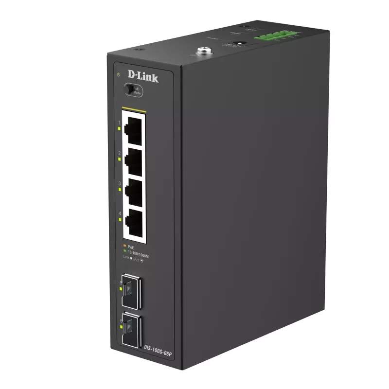 D-Link 6 portu gigabitu rūpnieciskais PoE+ nevadāmais komutators ar 2 SFP portiem