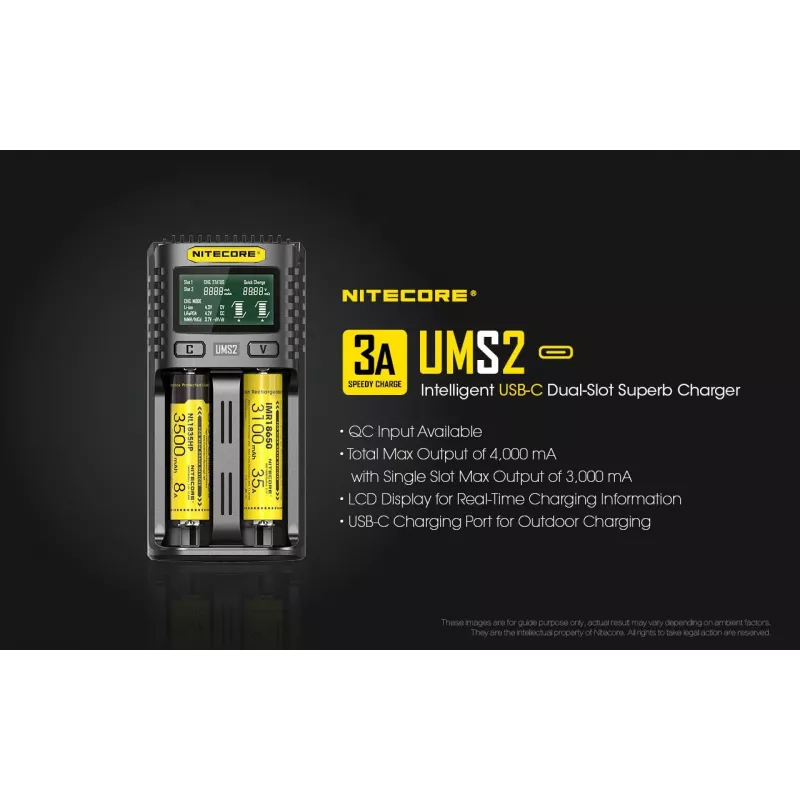 Nitecore UMS2 bateriju lādētājs Mājsaimniecības baterija Līdzstrāva Litija-jonu niķeļa-kadmija