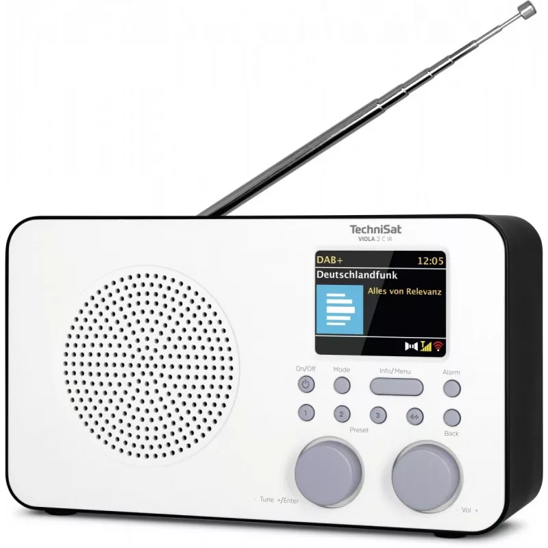 Interneta radio TECHNISAT VIOLA 2 C IR — Analogā & digitālā uztvērēja, DAB+/FM, Wi‑Fi, 3 W, 2,4 collu TFT, 3,5 mm, melns/baltss