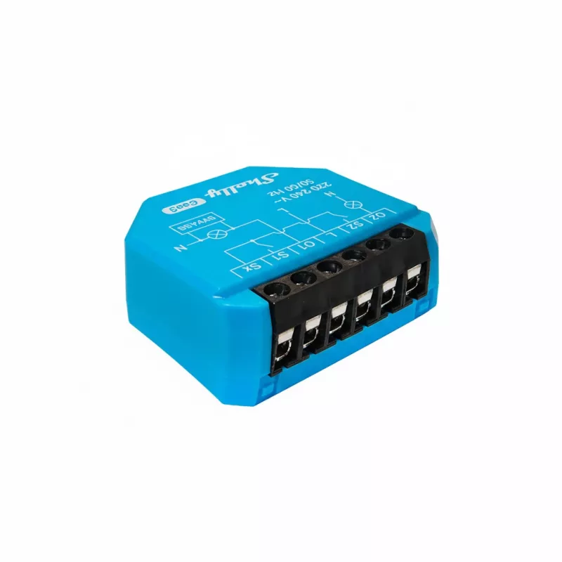 Uz DIN sliedes montējams divu kanālu releju modulis Shelly 2L Gen3, 2 kanāli, Wi‑Fi/Bluetooth, 220–240V maiņstrāva, 50Hz, plastmasas korpuss