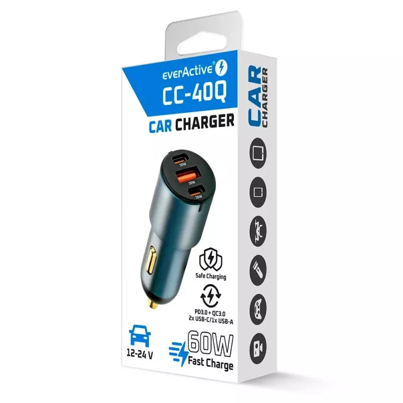 Automašīnas lādētājs everActive CC-40Q QC3.0 60W, USB automašīnas strāvas adapteris mobilo ierīču uzlādēšanai