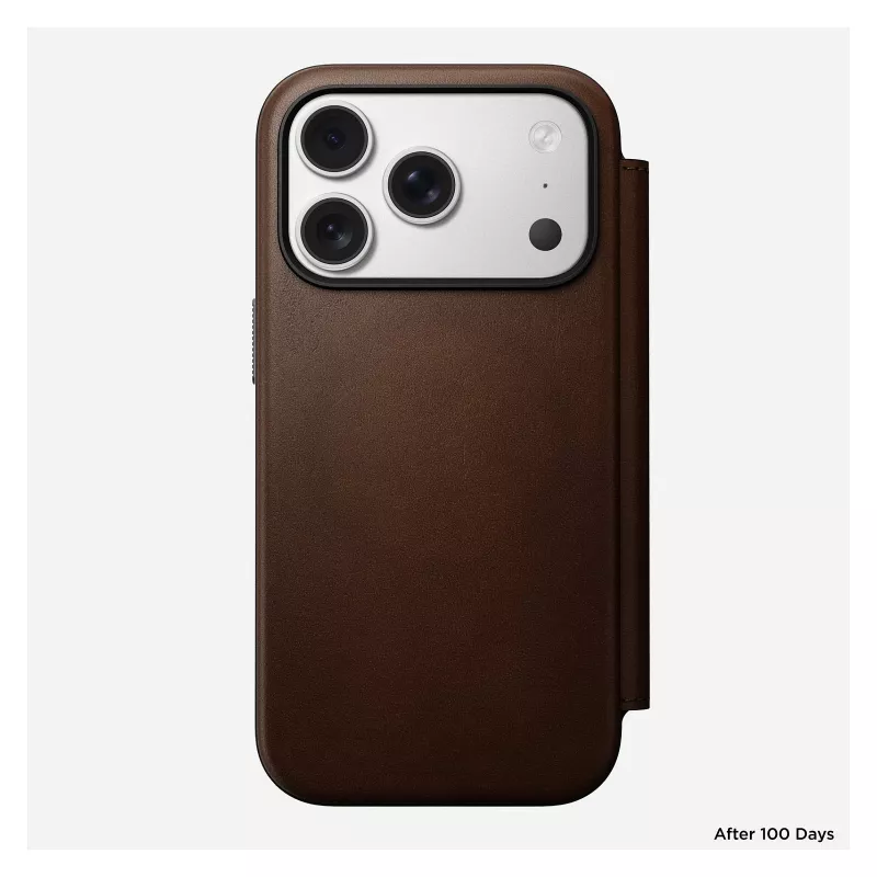 Ādas grāmatiņveida tālruņa vāciņš Nomad Modern Leather Folio iPhone 17 Pro — brūna, der 6,3 collu (16 cm) ekrānam, 4 karšu kabatas