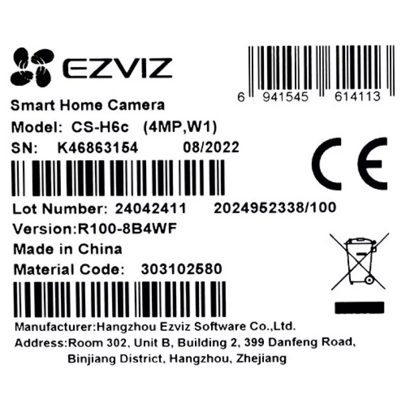 IP drošības kamera EZVIZ H6c 1920 x 1080, iekštelpu sfēriska, Wi‑Fi un Ethernet, 4 mm objektīvs, 360° skats, microSD līdz 256 GB