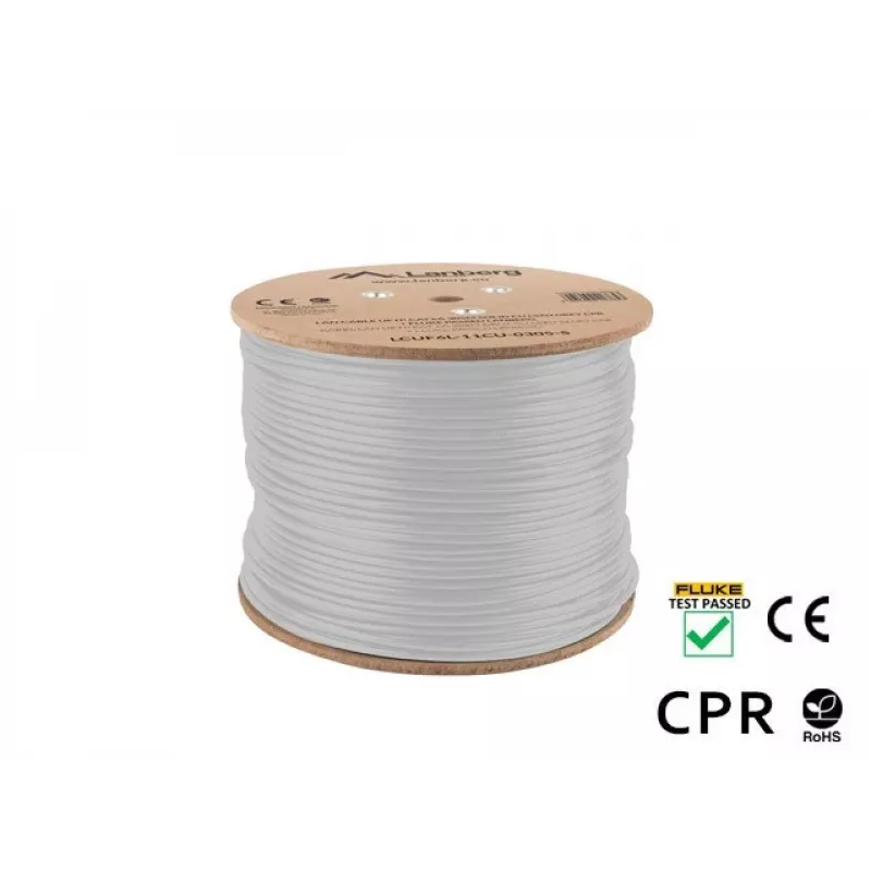 Tīkla kabelis LANBERG LCUF6L-11CU-0305-S U/FTP Cat6a uz ruļļa, 305 m, 23 AWG, 500 MHz, pelēks