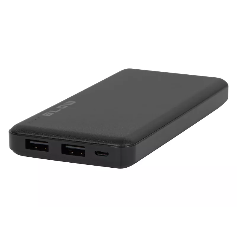 Pārnēsājams ārējais akumulators BLOW PB10A 10000mAh polimēra baterija, 2x USB-A izejas, 22,5W kopējā jauda, Micro‑USB ieeja, melns