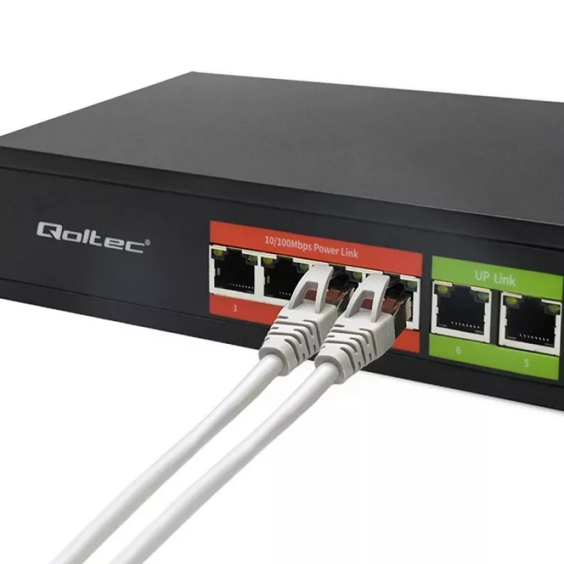 Ethernet PoE slēdzis QOLTEC 52289 — 4x RJ45 PoE porti, 2x RJ45 augšupsaites porti, 65W jaudas budžets