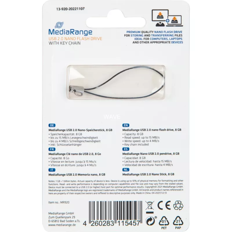 MediaRange Nano - USB zibatmiņa - 8 GB - USB2.0 - Melna (MR920)