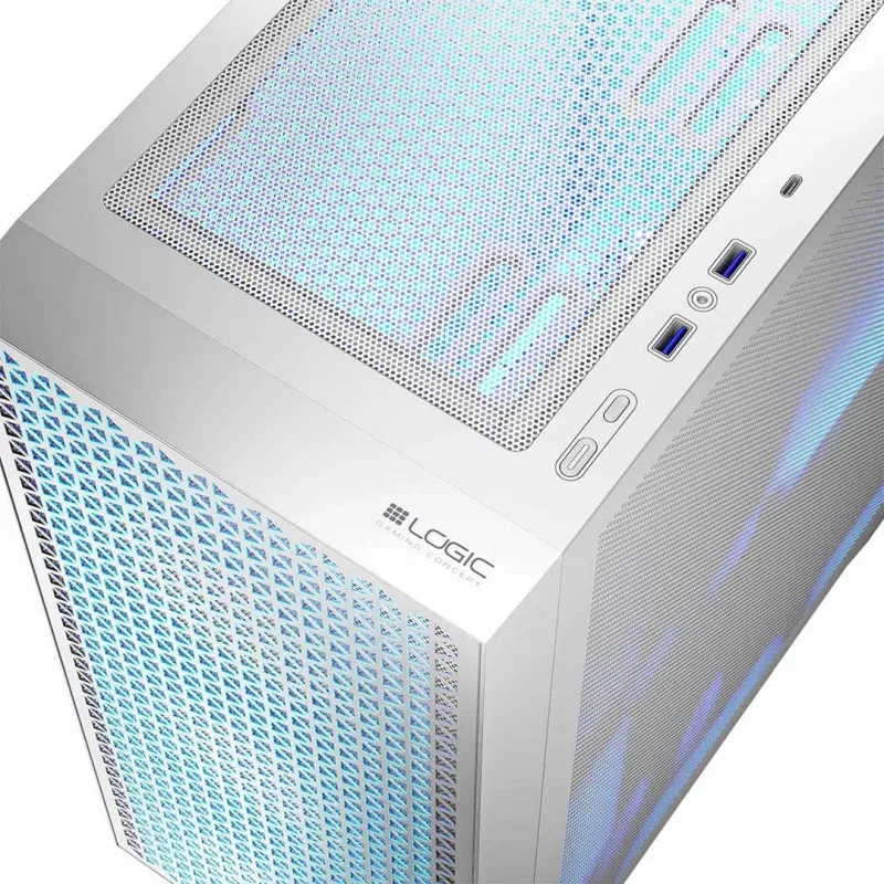 PC korpuss LOGIC Dart Pro Midi ARGB balts — Midi Tower, ATX, 456×200×385 mm, maks. GPU 34 cm, CPU dzesētāja augstums 155 mm, 3x120mm priekšā + 1x120mm aizmugurē, USB 3.0 x2, USB-C x1