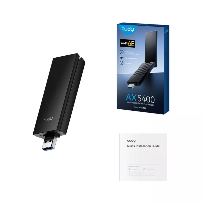 USB Type-A Wi‑Fi 6E adapteris Cudy WU5400, divjoslu 2x2, 2402 Mbit/s, melns