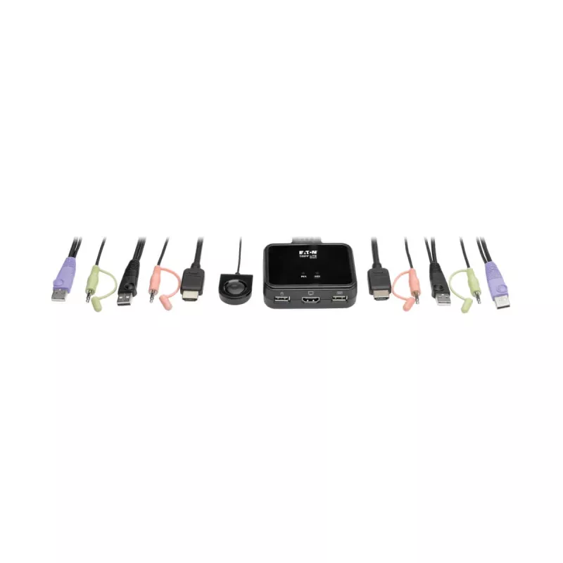 Eaton Tripp Lite sērijas 2-portu USB/HD kabeļa KVM slēdzis ar audio/video, kabeļiem un USB perifērijas koplietošanu - KVM-/audio-/USB slēdzis - 2 x KVM/audio/USB - 1 lokālais lietotājs - galddators
