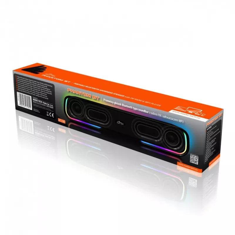 Skaļruņi MEDIA‑TECH Phantom MT3180 skaņas josla 450W RMS, 80W ar baterijām darbināma, Bluetooth, vadu un bezvadu, melna