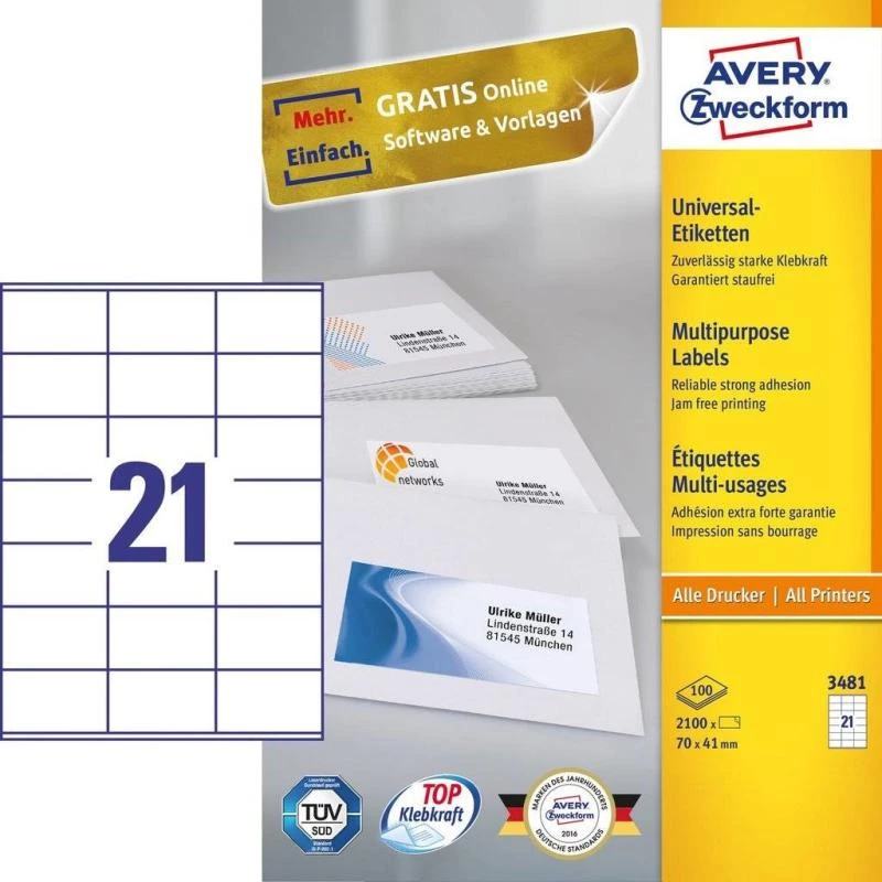 Avery 3481 pašlīmējošās etiķetes, taisnstūrveida, pastāvīgas, baltas, 2100 gab.