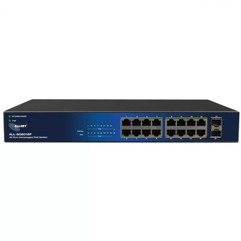 ALLNET 18-portu Gigabit PoE slēdzis ALL-SG8018P — 16 PoE porti + 2 augšupsaites, Gigabit Ethernet
