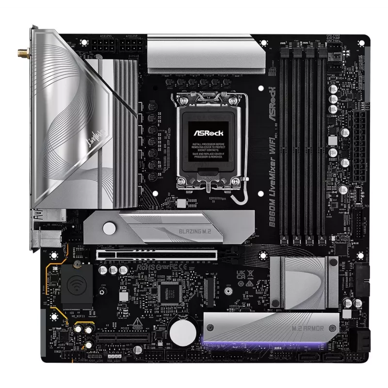 Mātesplate ASRock B860M LiveMixer WiFi — Intel B860, LGA 1851, micro ATX, DDR5, 4x DIMM, Wi‑Fi 6E, 2.5Gb LAN