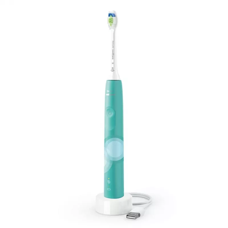 Sonic electric toothbrush Philips 4100 Series HX3689/43 — iebūvēts litija jonu akumulators, 1 rokturis, 1 birstes uzgalis, ikdienas tīrīšanas režīms, tirkīza