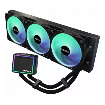 CPU dzesētājs ASRock Challenger 360 Digital ARGB Melns — 360mm šķidruma AIO, ARGB apgaismojums, uz radiatora montēti ventilatori