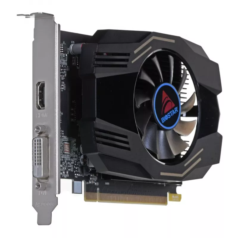 Grafikas karte BIOSTAR GeForce GT 1030 — 4 GB GDDR4, 64 bitu, PCIe x16 4.0, aktīvā dzesēšana, DVI-D + HDMI