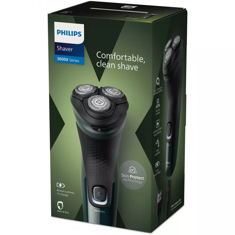 Elektriskais rotācijas skuveklis Philips 3000X sērija X3002/00 – 3 galviņu slapjās un sausās skūšanas bezvadu skuveklis, NiMH akumulators, 40 min darbības laiks