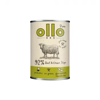Slapjā suņu barība OLLO Pure Beef and zaļa Tripe 400 g bundža — pieaugušiem suņiem, olbaltumvielas 14,5%, tauki 11,9%, mitrums 69%