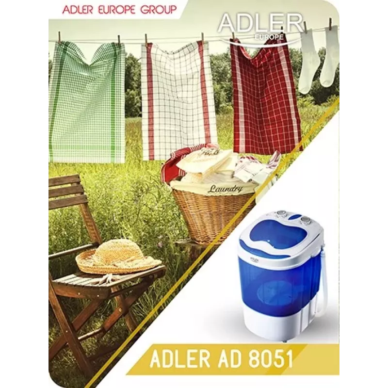 Adler | AD 8051 | Veļas mašīna | Energoefektivitātes klase | Augšas ielāde | Mazgāšanas ietilpība 3 kg | Nenoteikts RPM | Dziļums 37 cm | Platums 38 cm | Balta/Zila